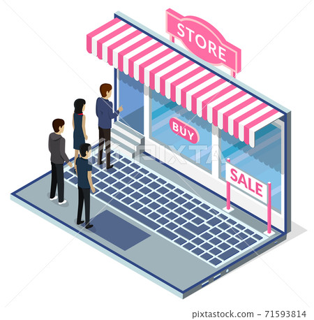 Shoppers line up at conceptual online store on large laptop screen. Cartoon store showcase Shoppers line up at conceptual online store on large laptop screen. Cartoon store showcase 71593814