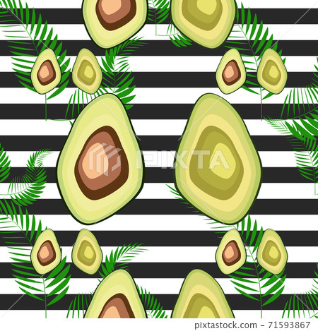 Seamless pattern with avocado and palm leaves and black and white stripes, hand-drawn 71593867