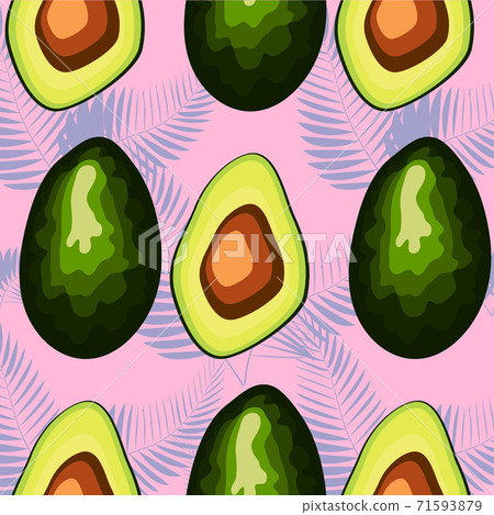 Seamless pattern with avocado and tropical leaves. - Stock Illustration ...