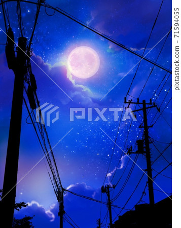 A landscape painting of the night sky with the silhouette of a telephone pole looking up from below and the moon shining A landscape painting of the night sky with the silhouette of a telephone pole looking up from below and the moon shining 71594055