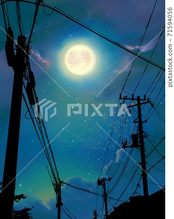 A landscape painting of the night sky with the silhouette of a telephone pole looking up from below and the moon shining A landscape painting of the night sky with the silhouette of a telephone pole looking up from below and the moon shining 71594056