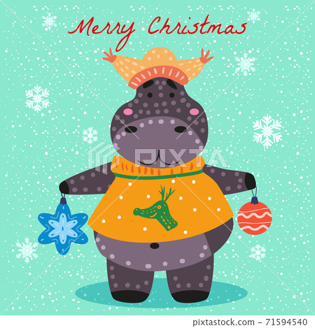 Merry Christmas Hyppo cute with hat, sweater and toys, card. Hand drawn character illustration vector isolated poster banner Merry Christmas Hyppo cute with hat, sweater and toys, card. Hand drawn character illustration vector isolated poster banner 71594540