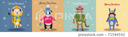 Christmas Animals Card Set cute cat, lion, pand, rabbit. Hand drawn collection characters illustration vector isolated Christmas Animals Card Set cute cat, lion, pand, rabbit. Hand drawn collection characters illustration vector isolated 71594542