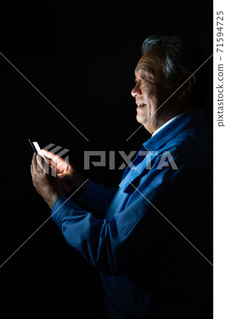 Men in work clothes, black background, sideways Men in work clothes, black background, sideways 71594725