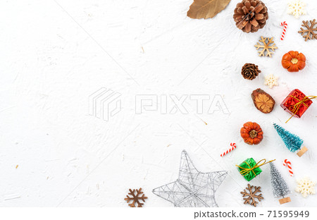Christmas background top view holiday decoration gift table overhead white winter festive merry christmas christmas card new year 71595949