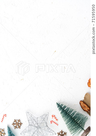 Christmas background top view holiday decoration gift table overhead white winter festive merry christmas christmas card new year 71595950