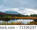 A landscape of a pond with beautiful reflections of cloudy mountains and autumn leaves 71596297
