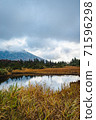 A landscape of a pond with beautiful reflections of cloudy mountains and autumn leaves 71596298