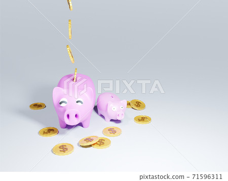 3D of happy piggy bank with falling gold coins.... - Stock Illustration ...