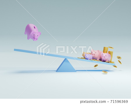 3D of piggy bank and piggy bank family and golden coin stack balancing on Teeter Totter. Business and finance concept. 3D of piggy bank and piggy bank family and golden coin stack balancing on Teeter Totter. Business and finance concept. 71596369