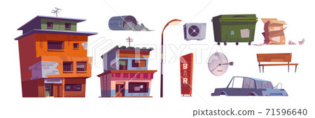 Ghetto buildings, litter bin, car, bar signboard Ghetto buildings, litter bin, car, bar signboard 71596640