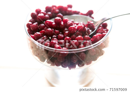 Frozen berries are placed in a glass dish with a spoon 71597009