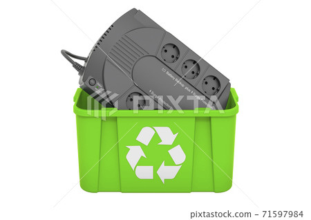 Recycling trashcan with sealed UPS battery, 3D rendering Recycling trashcan with sealed UPS battery, 3D rendering 71597984
