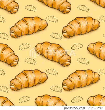 The digital painting of French croissant bread bakery seamless pattern background raster illustration. 71598299