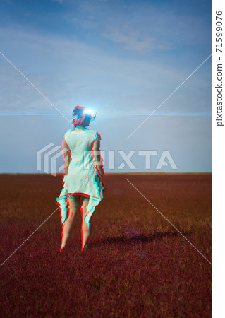 Woman goes into virtual reality using virtual reality headset. Image with glitch effect. 71599076