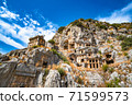 Rock-cut tombs in the ancient city of Myra, Turkey. 71599573