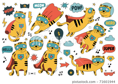 Set with a cute cat in a superman costume. Set with a cute cat in a superman costume. 71601944