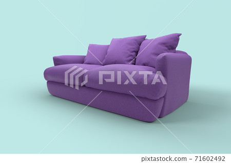 Violet couch with pillows on studio blue background. Violet couch with pillows on studio blue background. 71602492