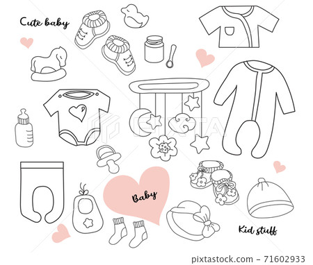 Big Set of doodles. Clothes, toys and things for a newborn baby. Vector. outline. Isolated on white Big Set of doodles. Clothes, toys and things for a newborn baby. Vector. outline. Isolated on white 71602933