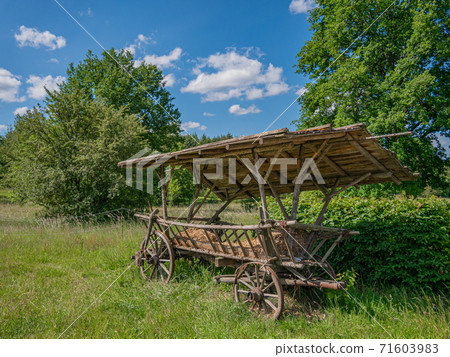 An old hay cart with wooden wheels and wooden roof 71603983
