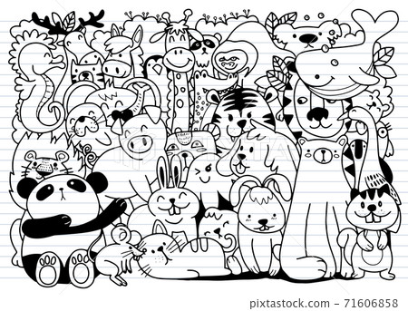 Vector cartoon big set of cute doodle animals. Perfect for postcard  birthday  baby book  children room 71606858