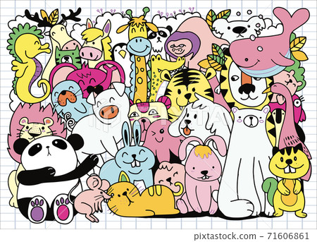 Vector cartoon big set of cute doodle animals. Perfect for postcard  birthday  baby book  children room , illustration for coloring book ,Each on a separate layer. 71606861