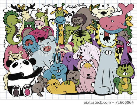 Vector cartoon big set of cute doodle animals. Perfect for postcard  birthday  baby book  children room , illustration for coloring book ,Each on a separate layer. 71606864