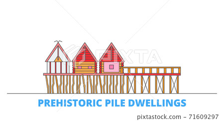 France, Prehistoric Pile Dwellings Around The Alps Landmark line cityscape, flat vector. Travel city landmark, oultine illustration, line world icons 71609297