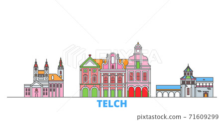 Czech Republic, Telc line cityscape, flat vector. Travel city landmark, oultine illustration, line world icons Czech Republic, Telc line cityscape, flat vector. Travel city landmark, oultine illustration, line world icons 71609299
