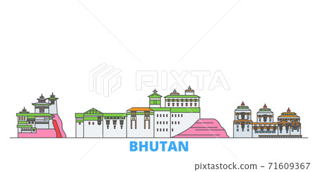 Bhutan line cityscape, flat vector. Travel city landmark, oultine illustration, line world icons 71609367