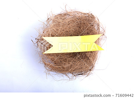 Empty bird nest with colorful ribbon 71609442