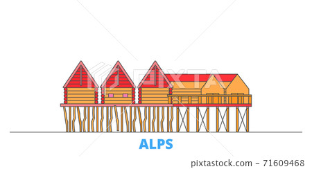 Germany, Alps, Prehistoric Pile Dwellings line cityscape, flat vector. Travel city landmark, oultine illustration, line world icons 71609468