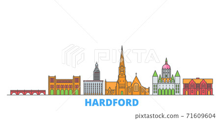 United States, Hartford line cityscape, flat vector. Travel city landmark, oultine illustration, line world icons United States, Hartford line cityscape, flat vector. Travel city landmark, oultine illustration, line world icons 71609604