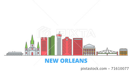 United States, New Orleans line cityscape, flat vector. Travel city landmark, oultine illustration, line world icons United States, New Orleans line cityscape, flat vector. Travel city landmark, oultine illustration, line world icons 71610077