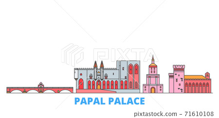 France,Papal Palace, Episcopal Ensemble Avignon Bridge line cityscape, flat vector. Travel city landmark, oultine illustration, line world icons France,Papal Palace, Episcopal Ensemble Avignon Bridge line cityscape, flat vector. Travel city landmark, oultine illustration, line world icons 71610108