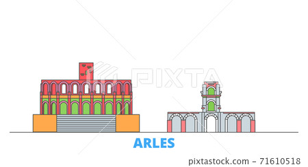 France, Arles line cityscape, flat vector. Travel city landmark, oultine illustration, line world icons France, Arles line cityscape, flat vector. Travel city landmark, oultine illustration, line world icons 71610518