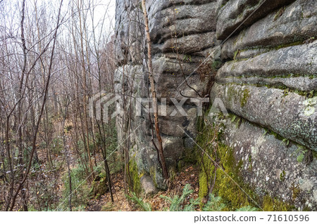 Anyu pillars . Beautiful rocky gray textured background with mosses and lichens. Surface mountain cliff close-up. Anyu pillars . Beautiful rocky gray textured background with mosses and lichens. Surface mountain cliff close-up. 71610596