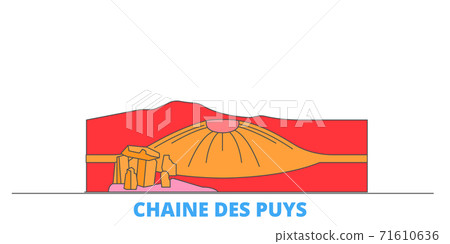 France, Chaine Des Puys line cityscape, flat vector. Travel city landmark, oultine illustration, line world icons France, Chaine Des Puys line cityscape, flat vector. Travel city landmark, oultine illustration, line world icons 71610636