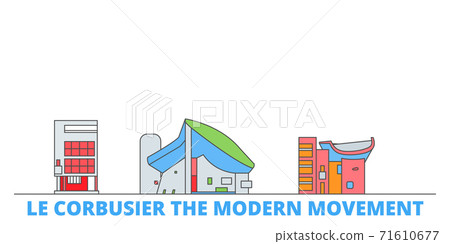 France, Le Corbusier Modern Movement line cityscape, flat vector. Travel city landmark, oultine illustration, line world icons France, Le Corbusier Modern Movement line cityscape, flat vector. Travel city landmark, oultine illustration, line world icons 71610677