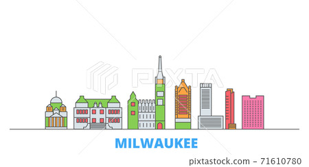 United States, Milwaukee City line cityscape, flat vector. Travel city landmark, oultine illustration, line world icons United States, Milwaukee City line cityscape, flat vector. Travel city landmark, oultine illustration, line world icons 71610780