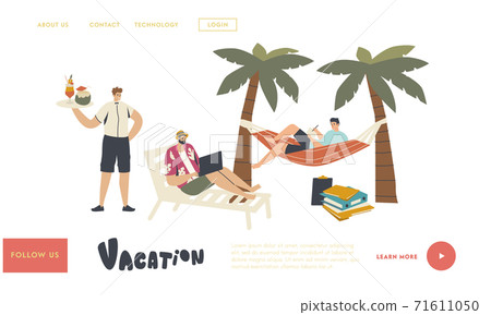 Freelancers on Vacation Landing Page Template. Male Characters Wear Summer Clothes under Palm Trees on Tropical Island 71611050
