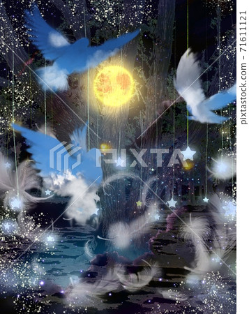 三隻鴿子,夜空和星星在滿月飛舞的藍天的輪廓中的背景畫 三隻鴿子,夜空和星星在滿月飛舞的藍天的輪廓中的背景畫 71611121