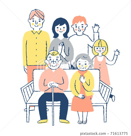 An elderly couple and their family sitting on a bench An elderly couple and their family sitting on a bench 71613775