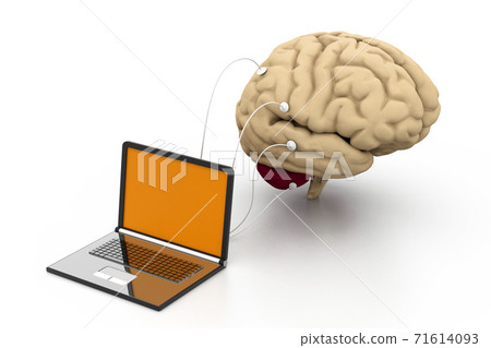 computer connected to a human brain. 71614093