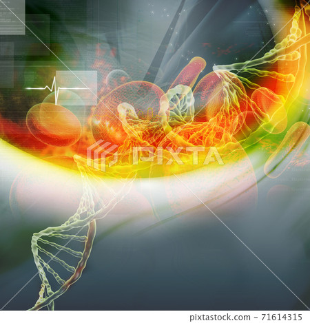 Digital illustration of DNA with blood cell Digital illustration of DNA with blood cell 71614315