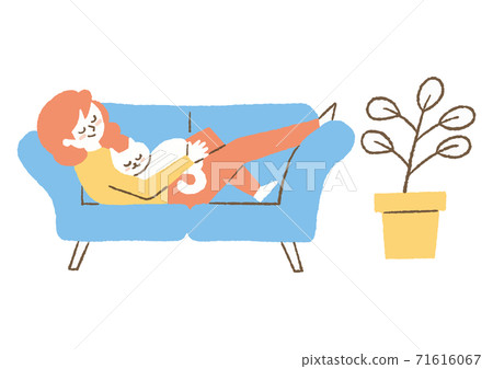 Woman sleeping on the sofa with a cat Woman sleeping on the sofa with a cat 71616067
