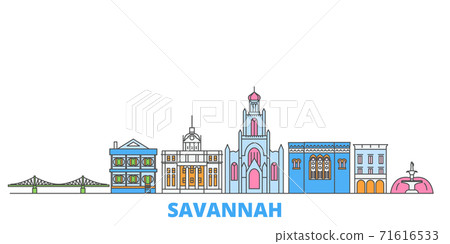 United States, Savannah line cityscape, flat vector. Travel city landmark, oultine illustration, line world icons United States, Savannah line cityscape, flat vector. Travel city landmark, oultine illustration, line world icons 71616533