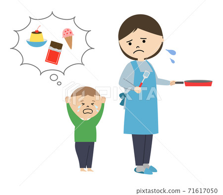 Illustration of a child who wants sweets and a mother who is cooking Illustration of a child who wants sweets and a mother who is cooking 71617050