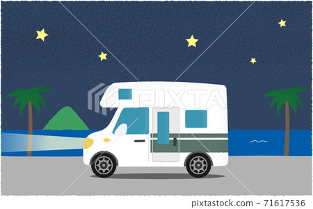Vector illustration of a white camper van on the road by the sea with lights on at night Vector illustration of a white camper van on the road by the sea with lights on at night 71617536