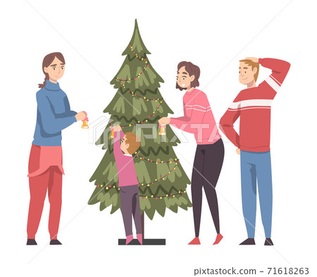 People Decorating Christmas Tree with Baubles and Garland, Happy Family Preparing for Holiday Celebration, Merry Xmas and New Year Cartoon Style Vector Illustration 71618263